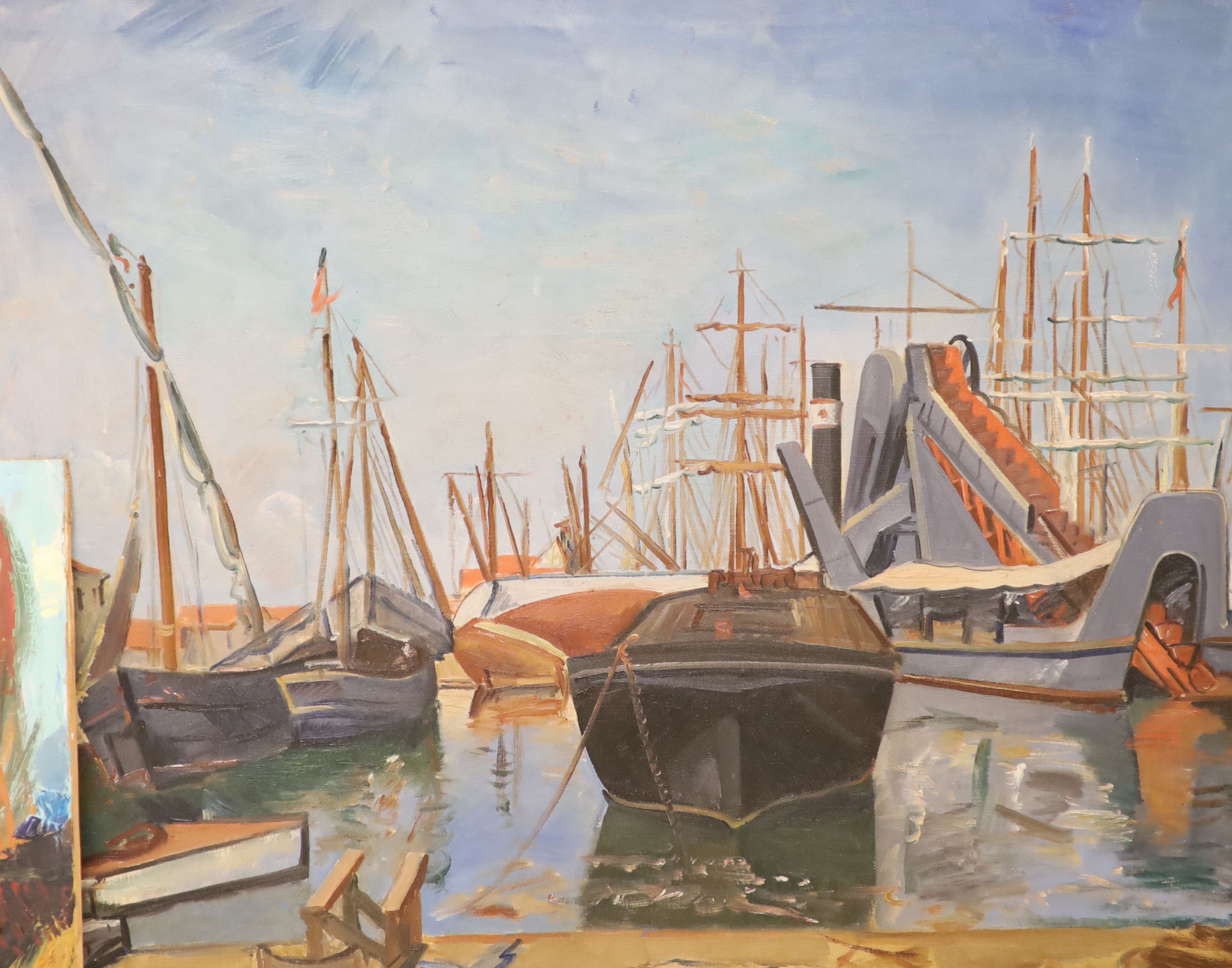 Mario Abis (Italian), oil on board, 'Paesaggio di Invillino Carnia', signed and dated '55, with exhibition labels verso, 43 x 56cm, unframed, and an oil on canvas of shipping in harbour